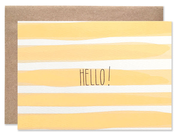 Wide orange water color stripes with Hello! written in the center. Illustrated by Hartland Brooklyn.