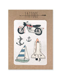Moto tattoos illustrated by Hartland Brooklyn printed with vegetable inks and made in the USA.