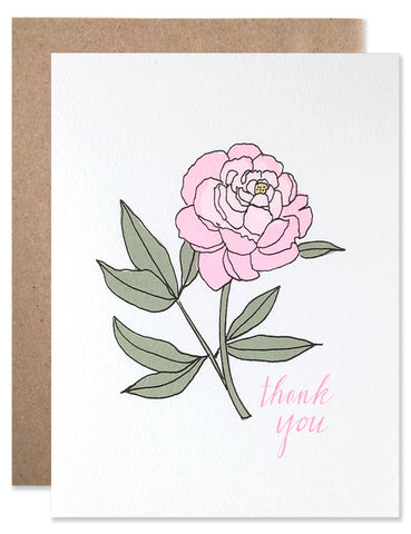 Thank you card with a hand illustrated pink peony by Hartland Brooklyn.