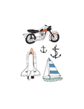 Tattoos included in the Moto tattoo pack are anchors, a motorcycle, sailboat and spaceship.